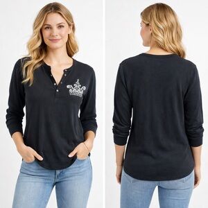 Yvette Mandell Black Crown Henley Small Embellished Rhinestones Thermal Casual